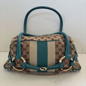 GUCCI Horsebit Chain Bowling Bag Boston GG Canvas Turquoise Blue